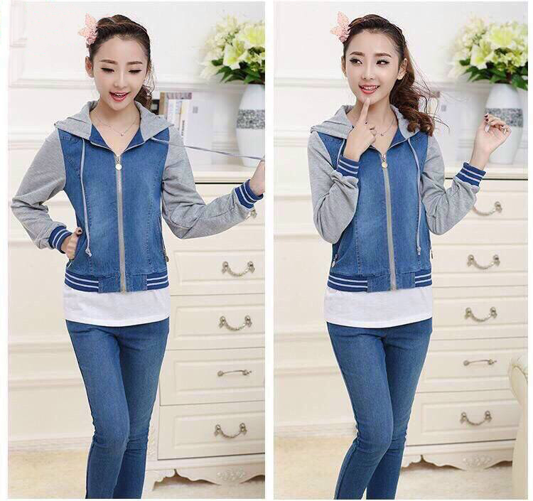 ÁO KHOÁC JEAN FORM NGẮN CÓ NÓN PHỐI TAY